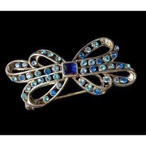 Vintage Bow-Shaped‎ Rhinestone Brooch With Blue Accent Stones - 1.5-Inch Pinback